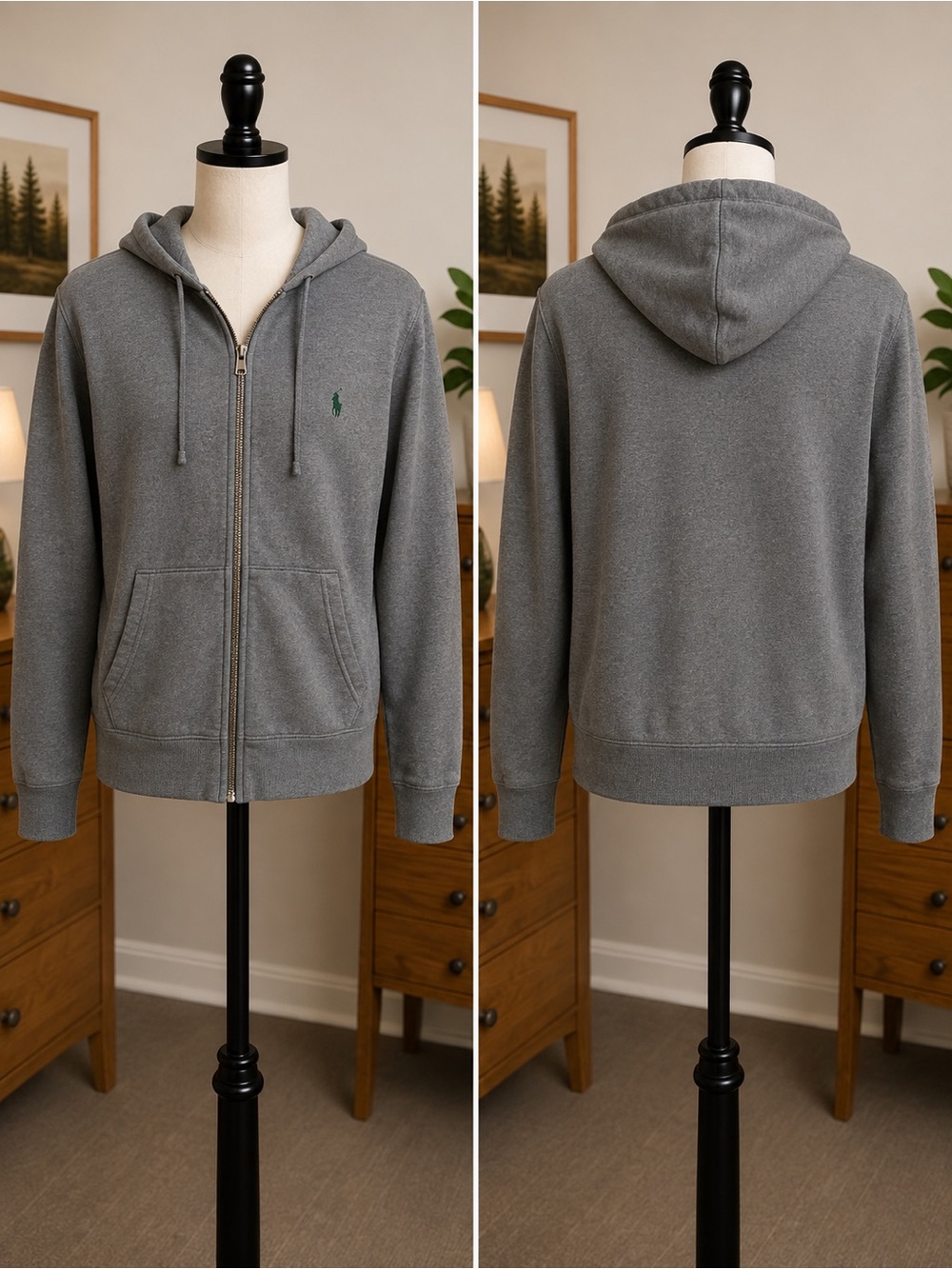 Men's Ralph Lauren Gray Zip-Up Hooded Sweater - Casual Everyday Hoodie